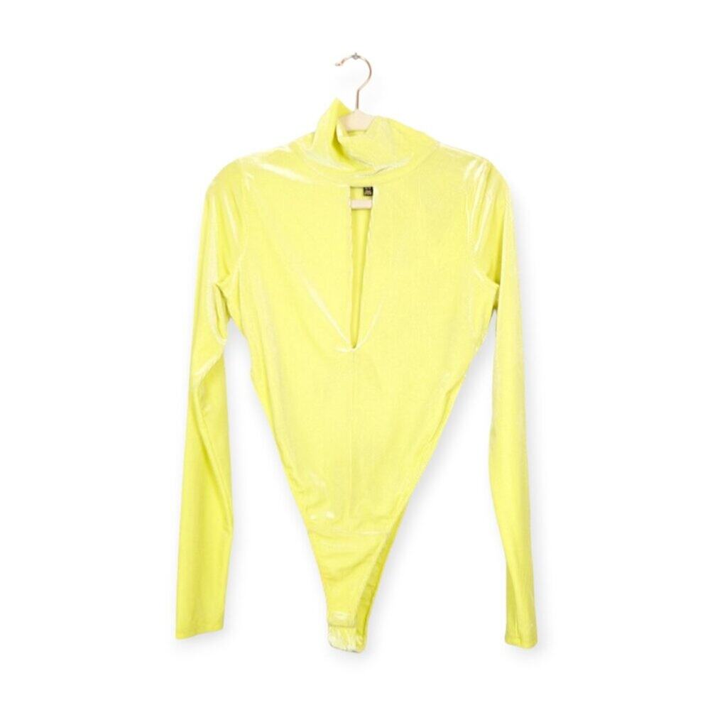 AFRM Dev Sunny Lime Ribbed Velvet Cutout Long Sleeve Stretch Bodysuit